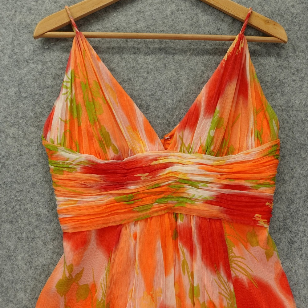 Tropical Y2K Floral Silk Dress S Orange Fall Boho Crinkle Laundry Shelli Segal - Picture 8 of 13